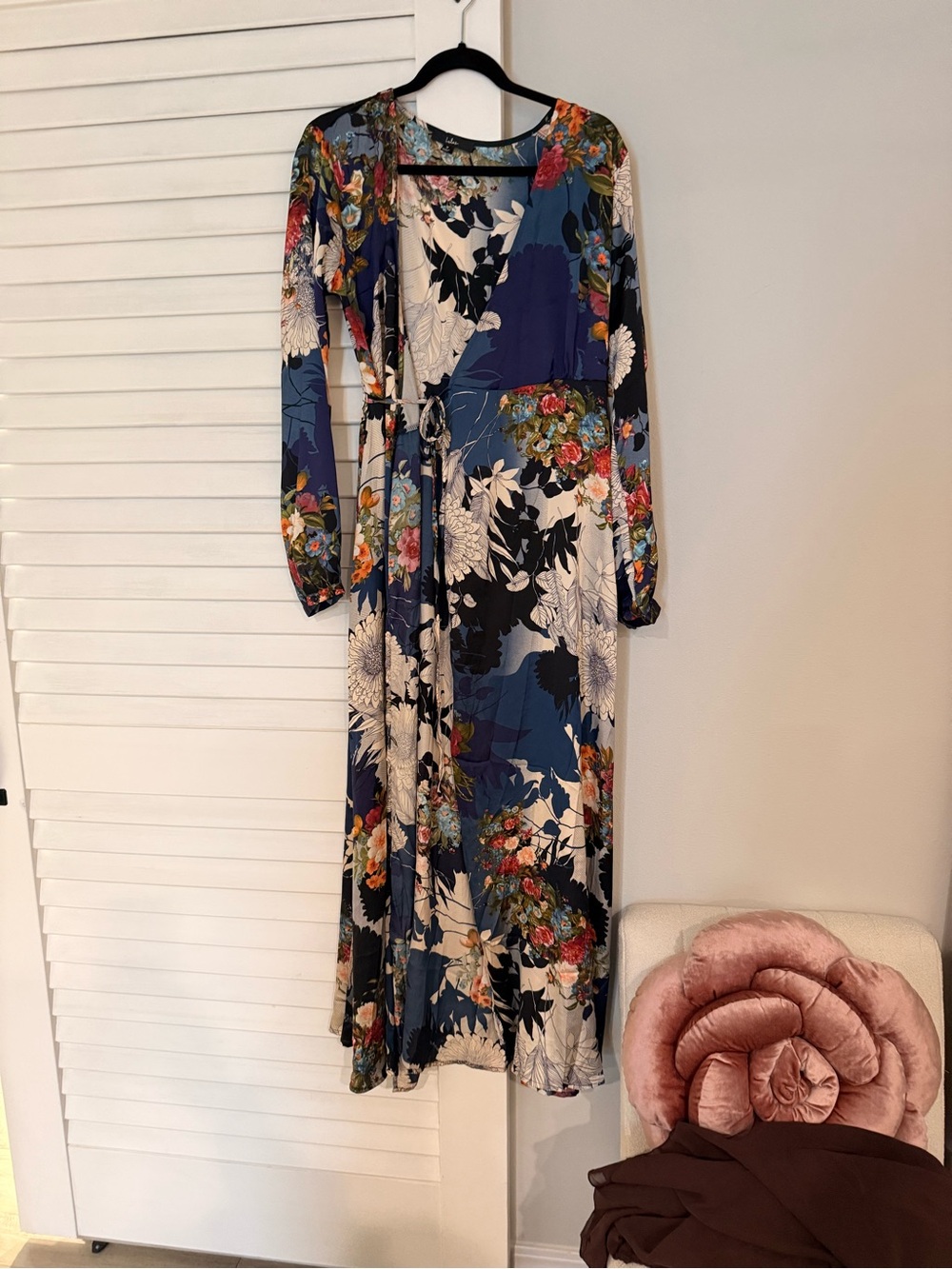 Lulu's Navy Floral Wrap Maxi Dress with Multicolor Blooms